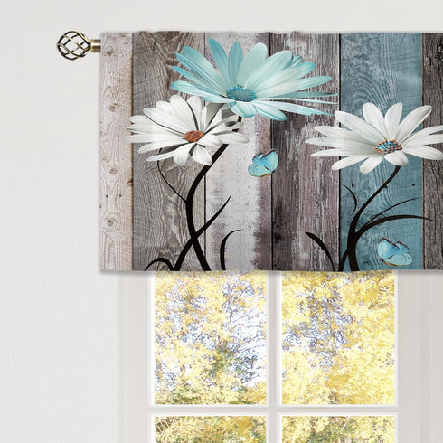Teal Farmhouse Daisy Curtain Valance for Window Treatments, Rustic Floral Butterfly Kitchen Drapes, 52x18 Inch