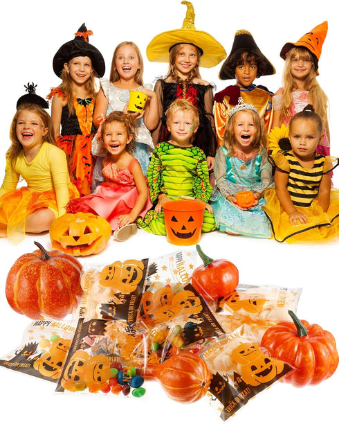 Boao 100 Pieces Clear Halloween Treat Bags, Self Adhesive Candy Bags Bulk Pumpkin Cellophane Plastic Cookie Pouch for