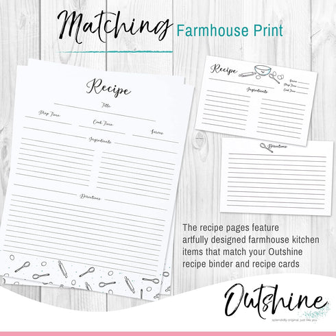Outshine Premium Recipe Paper for 8.5" x 11" Recipe Binders, Farmhouse Design (50 Sheets) | Full Size Recipe Refill
