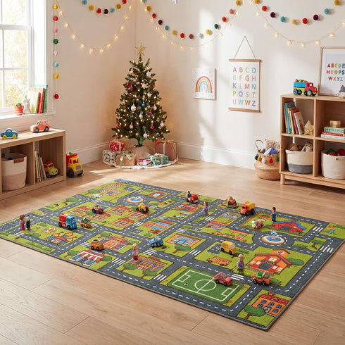 3x5 3-12 Merelax Kids Car Area Rug, Grey Green Area Road Rugs for Living Room Playroom Classroom Bedroom, Non Slip Kids