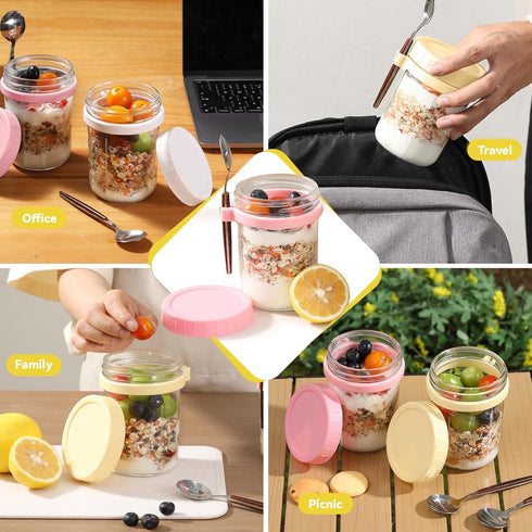 6 Pack Spoons,16 Oz (3 novelinks Overnight Oats Containers with Lids and Mason Jars, Leak Proof Overnight Oats Jars