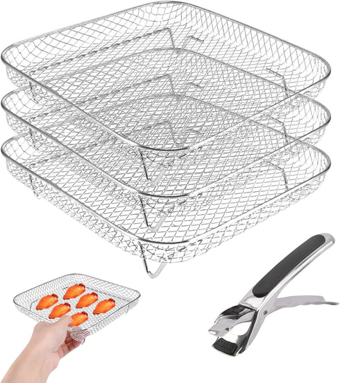 Square Air Fryer Rack, 3 Layer Stainless Steel Stackable Dehydrator Rack with Anti-Scalding Clip, Air Fryer Accessories