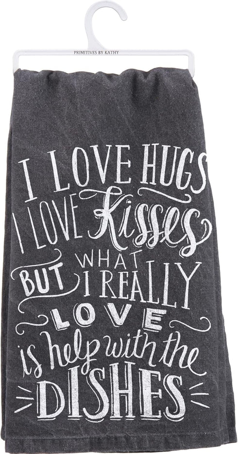 Primitives by Kathy I Love Hugs I Love Kisses Decorative Kitchen Towel, White/Black, 28" Square