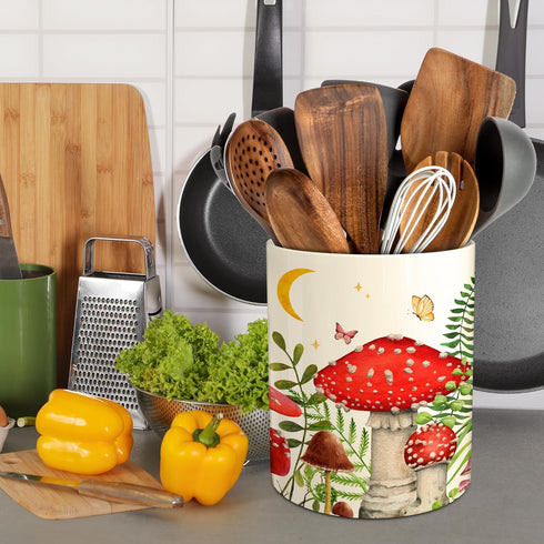 Hexagram Mushroom Decor Utensil Holder, Mushroom Kitchen Decor Ceramic Utensil Holder for Farmhouse Indoor Kitchen