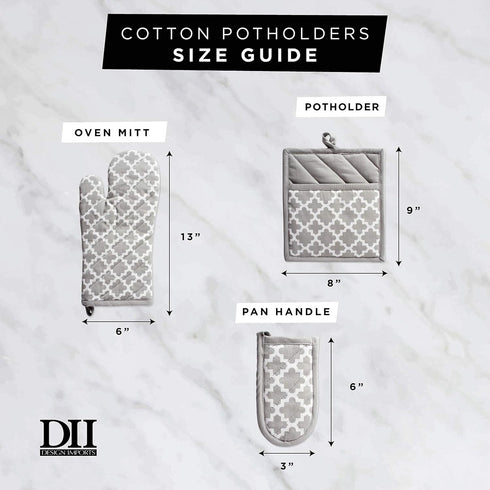 DII Quilted Kitchen Oven Mitt & Potholder Set, Gray Damask Print, 2 Piece, OM 6.5x12/PH 8x8.5