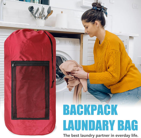 Laundry Bag Backpack,Portable with Adjustable Shoulder Straps Travel Dirty Laundry Bag,with Drawstring Closure & Mesh Pocket Backpack Laundry Bag for College,Apartment,Camping(Red)