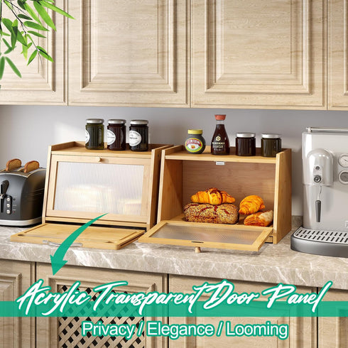 kiplant Counter, Bread Box with Cutting Board, Bamboo Bread Box for Kitchen Bread Storage Container with Wavy Arcylic