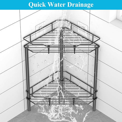HuggieGems 2 Tier Floor Standing Corner Shower Caddy Organizer Shelf with Hooks, Bathroom Shelves Stand Rack, Matt