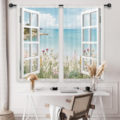 Riyidecor Ocean Beach Coastal Kitchen Curtains, Short Hawaiian Floral Scenery, 2 Panels 27.5Wx39H Inch