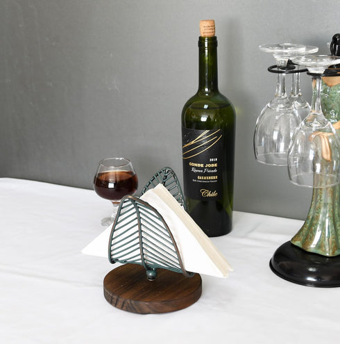 OwlGift Freestanding Modern Napkin Holder, Golden Turquoise Wrought Iron Leaf & Brown Wooden Base Design, Tissue