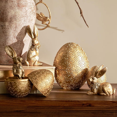 6PCS 3 3 DN DECONATION Easter Decorations with Rabbits and Nesting Easter Eggs, Small Gold Easter Bunny Figurines