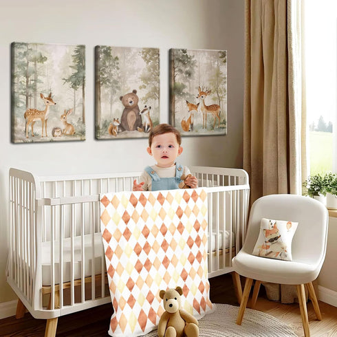 Set 3 12x16 inch Nursery Canvas Wall Art of - Woodland Wild Animals Bear Fox Deer Watercolor Paintings Pictures Wall