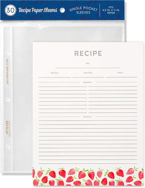 Jot & Mark Recipe Card Paper Full Page 8.5x11 with Crystal Clear Protectors for 3 Ring Binder, 30 Count