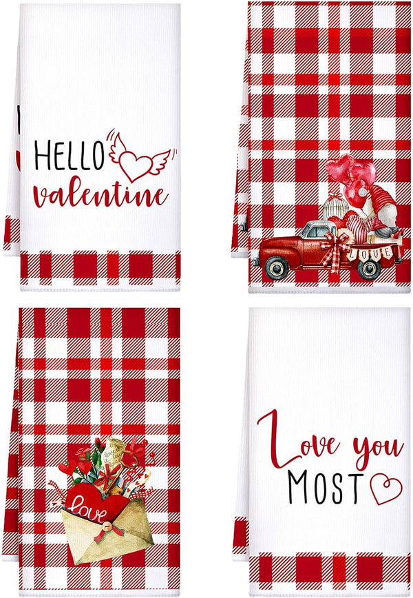 Kajaia 4 Pcs Valentines Day Kitchen Towels Hand Dish Towels Red Valentines