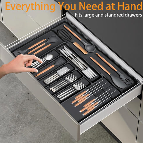 Homecor Silverware Organizer, Expandable Large Kitchen Drawer Organizer with 2 Removable Knife Blocks, Black