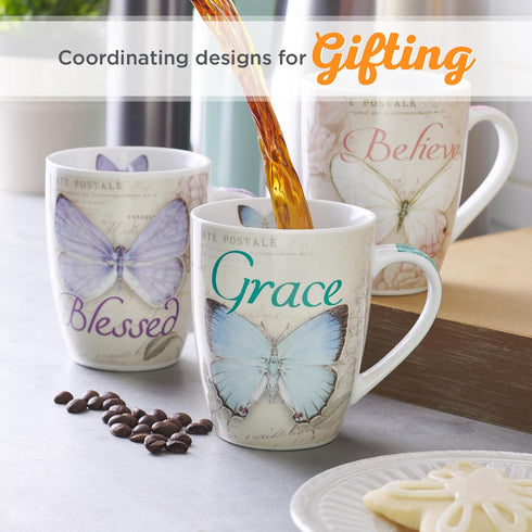 Christian Art Gifts Botanic Blue Butterfly Ceramic Coffee Mug, 12 oz - Inspirational with Bible Verse: Grace - Eph. 2:8