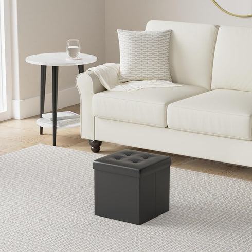 12.6"X12.6"X12.6" B FSOBEIIALEO Folding Storage Ottoman Cube Footrest Faux Leather for Living Room Seat Chest Black