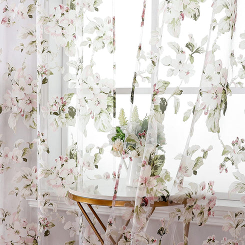 BROSHAN Pink Floral Sheer Curtains 78 Inches Long - Pretty Flower Print Bedroom Curtain Sheers, 2 Panels Set