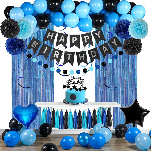 Blue and Black Happy Birthday Party Decorations Kit, Banner, Fringe Curtain, Foil Balloons, Cake Topper for Birthday