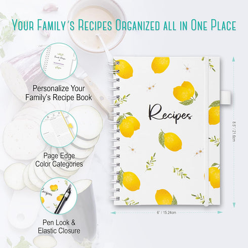 OUTSHINE 6 x9 Lemons Hardcover Recipe Binder, Blank Recipe Binder to Write in Your Own Recipes, Recipe Binder, Recipe Book Blank, Recipe Notebook, Cookbook Binder, Recipe Journal for Recipe Holder by OUTSHINE
