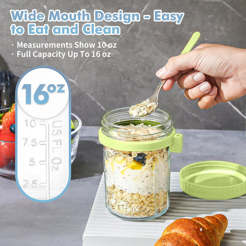 6 Pack 16 Oz DRKIO Overnight Oats Containers with Lids and Spoons Glass Mason Jars for Overnight Oats Leak Proof