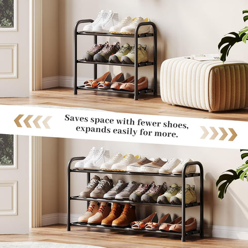 AUGOHCMIL 3-Tier Closet, Expandable Shoe Rack, Metal Shoe Storage Shelf, Adjustable Shoes Organizer for Entryway