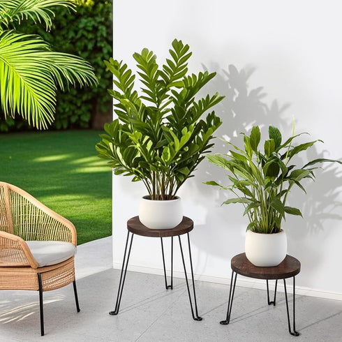 2Pack 11.81IN Yangbaga Wooden Plant Stands Indoor: Round Planter Stands with Metal Legs,Mid Century Planter Holder