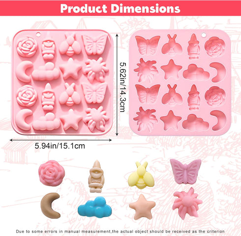 Pastoral Style Silicone Chocolate Mold,16 Cavity Butterfly Bee Flower Moon Star Cloud Handmade Gummy Mold Baking Tool for Candy,Jelly,Soap,Cookie,Crayon,Pastry,Ice Cube, Cake Decoration,Pink