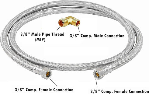 EZ-Fluid 72" Lead-Free Stainless Steel Dishwasher Hose for Cold/Hot Water, 3/8" Female Comp. x 6FT