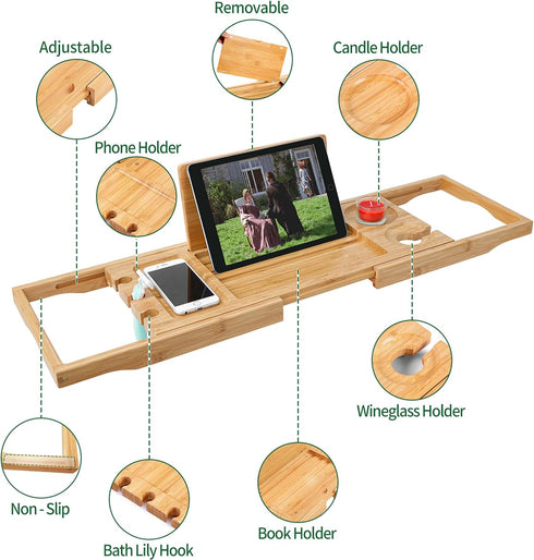 Utoplike Bamboo Bathtub Caddy Tray, Adjustable Bathroom Organizer with Book Tablet Wine Glass Cup Holder (24.5"-37.4")
