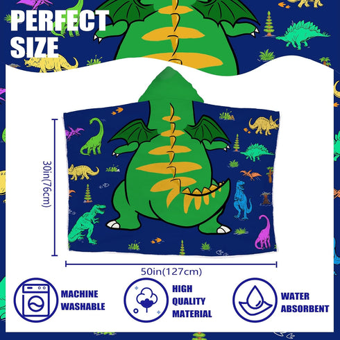 FUTBU 30x50 Dinosaur Hooded Beach Towel for Boys, Soft & Absorbent T-Rex Dinosaur Poncho Towel, Green Blue Bathrobe