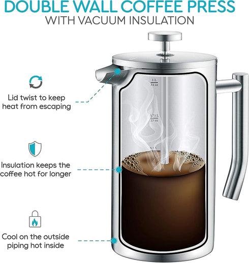 Belwares 34 oz French Press Coffee Maker, Double Insulated Stainless Steel with 2 Extra Screens and Coffee Spoon