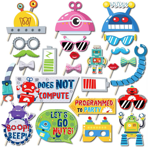 25Pcs Robot Photo Booth Props with Stick, Kids Photography Backdrop Decorations, Birthday Theme Selfie Props, Robotics
