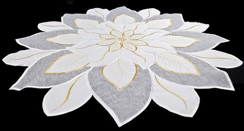 Embroidered Holiday Christmas White and Gold Star Poinsettia Doily Place Mat Small Table Topper (23 Inch Round)