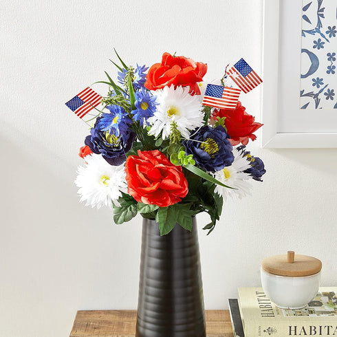 Admired By Nature Artificial Blooming Peony & Gerbera Daisy - 18 Stems with Small American Flags, Red/Blue/White
