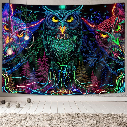 JAWO Psychedelic Owl Tapestry, Trippy Forest Line Art Wall Hanging, Moon Animal Bird Blacklight Tapestry (60X40 Inch)