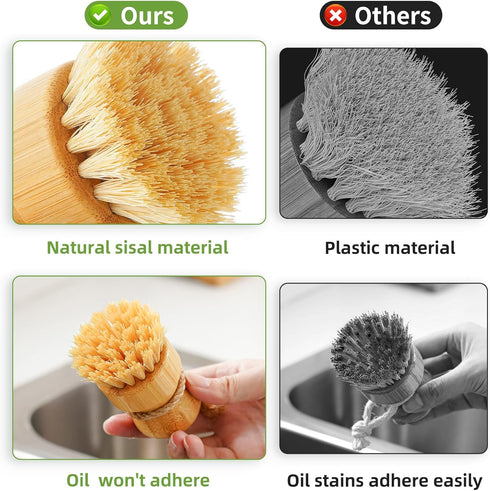 SUBEKYU Bamboo Dish Scrub Brush for Kitchen Sink, Natural Wooden Washing Dish Brush Scrubber with Sisal Bristles