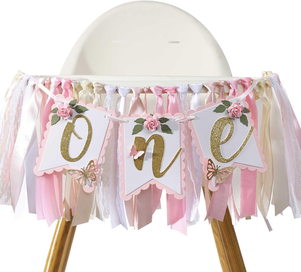 Agkvw Pink and Gold High Chair Banner- Floral and Butterfly One Highchair Banner,