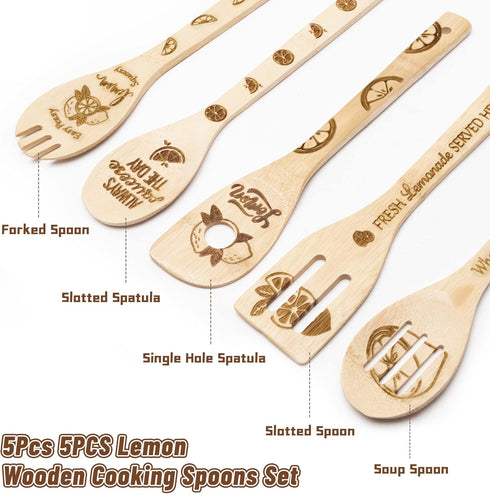 5Pcs Lemon Wooden Cooking Spoons Set, Summer Lemon Theme Kitchen Cooking Utensils Natural Non-Stick Carve Burned Bamboo Spoon Slotted Spatulas Cookware Kitchen Gadgets Birthday Wedding Gifts
