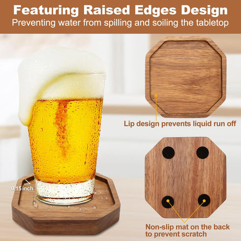 Set 6 Cute Rustic Farmhouse Wooden Cup Coaster of Cool Bar Drink Coasters with Holder Acacia Wood Coasters for Coffee