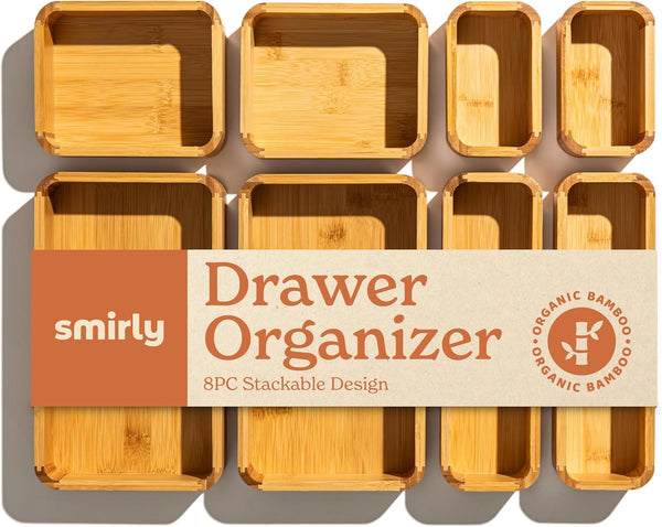SMIRLY 8-Piece Bamboo Kitchen Drawer Organizer Set - Multi-use Storage Box for Bathroom, Nightstand, Jewelry, Cutlery