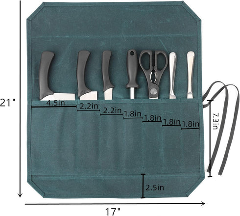 Denifiter Heavy Duty Waxed Canvas Chef Knife Storage Roll Bag With 7 Slots, Waterproof And Durable (Dark Green)