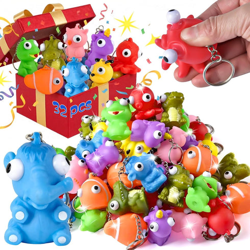 HOZUZER Squishy Toys Kids Party Favors - 32 Packs Popping Eyes Animal Keychains,