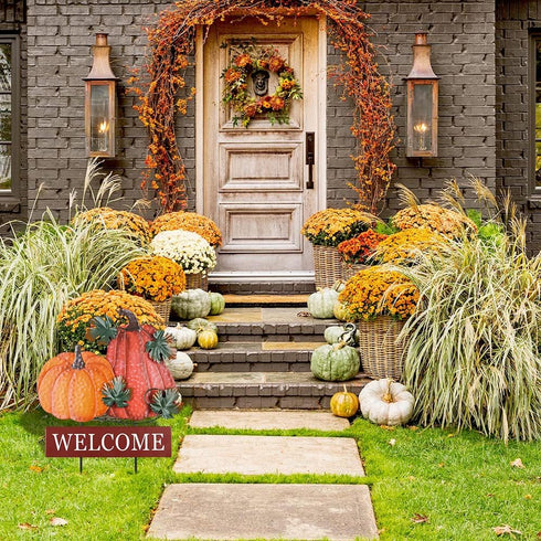 YEAHOME Fall Decorations for Home Outdoor, 22" Decorative Garden Stakes with 2 Pack Pumpkin Welcome Sign Fall Decor, Metal Yard Sign for Outside Garden Yard Lawn Patio Backyard Porch Decorations by YEAHOME