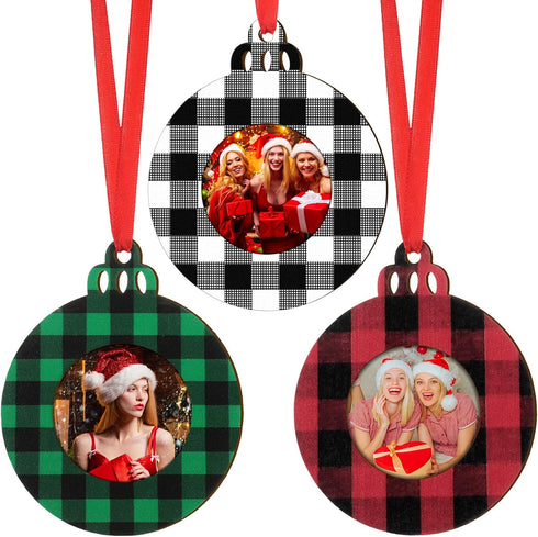 Jetec 12 Pcs Christmas Ball Picture Ornament Bulk – Wooden Photo Frame Ornaments Plaid Hanging Decorations for