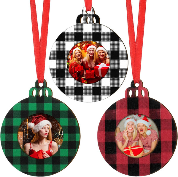 Jetec 12 Pcs Christmas Ball Picture Ornament Bulk – Wooden Photo Frame Ornaments Plaid Hanging Decorations for
