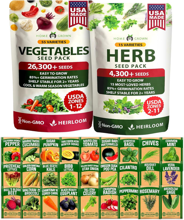 HOME GROWN 70 Variety Vegetable & Herb Seeds 32,000+ USA Non-GMO Heirloom
