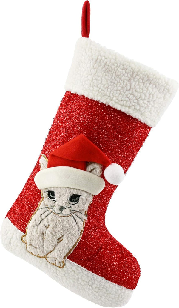 WEWILL 20'' Cute Cat Christmas Stockings, Embroidered Xmas Socks Holiday Party Gift