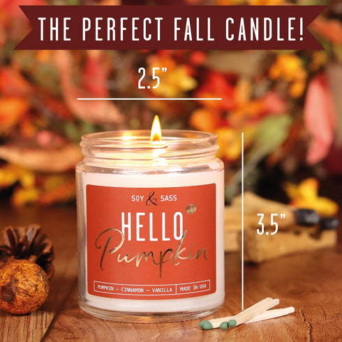 Fall Candles - 'Hello Pumpkin' Soy Pumpkin Spice Candle, Infused with Essential Oils, 9oz Reusable Jar, 50 Hour Burn