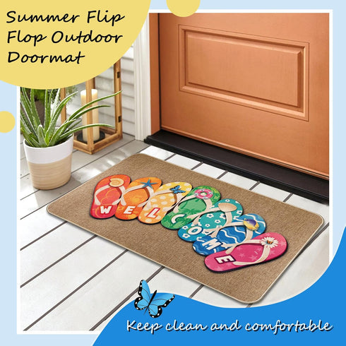 Summer Flip Flop Door Mat, Non-Slip Rubber Welcome Doormat for Indoor Outdoor Floor, 27.5 x 16.5 Inch
